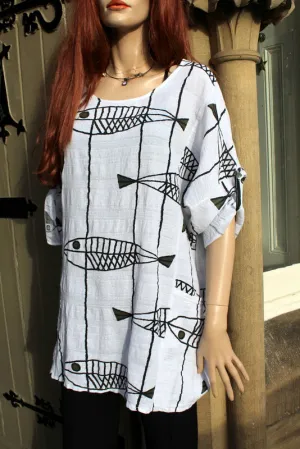 Womens Italian Meshy Cotton Fish-print Tunic with Pockets