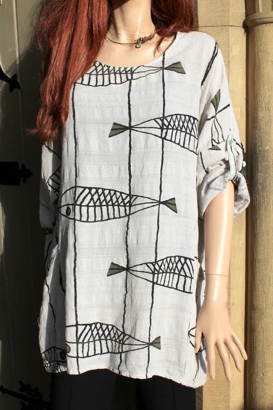 Womens Italian Meshy Cotton Fish-print Tunic with Pockets