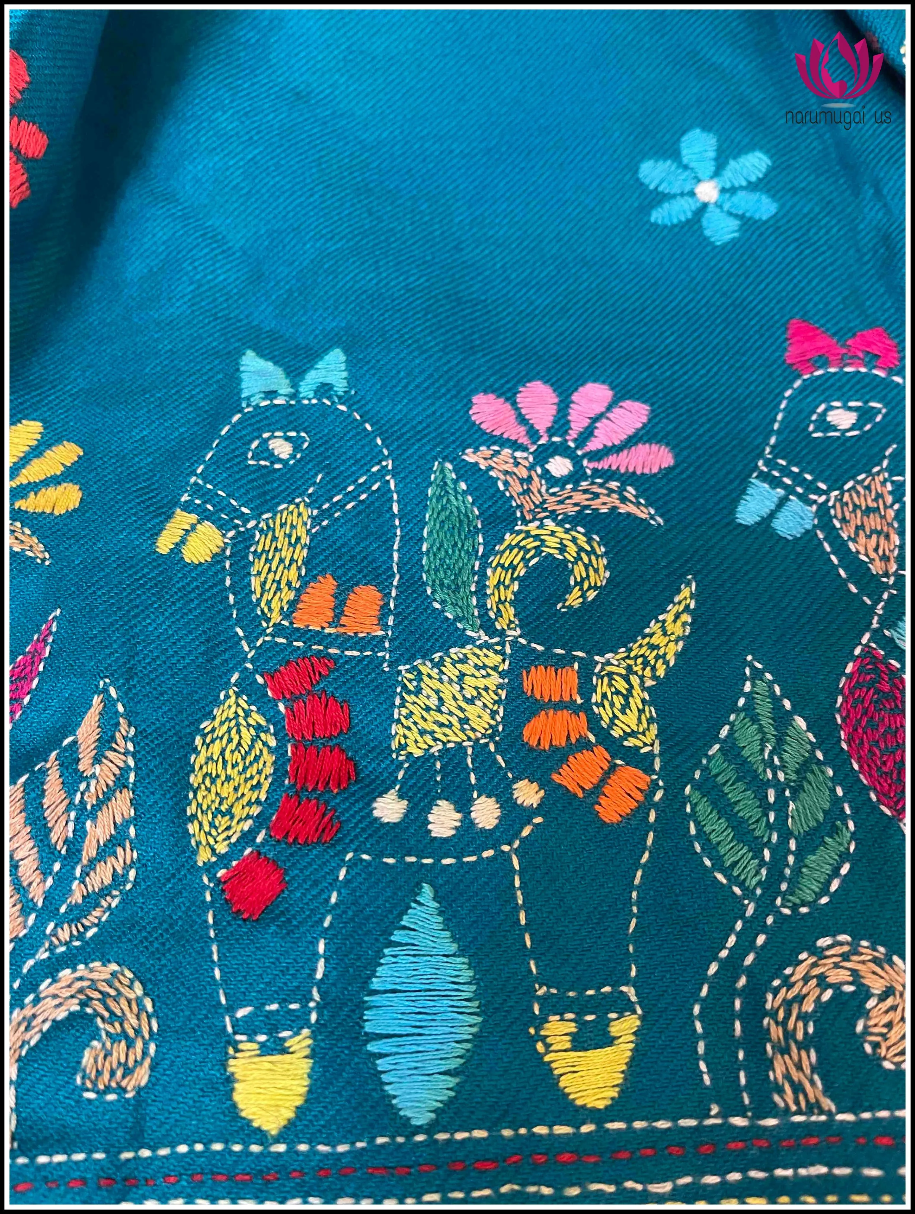 Woolen Shawl in Peacock blue with Kantha work