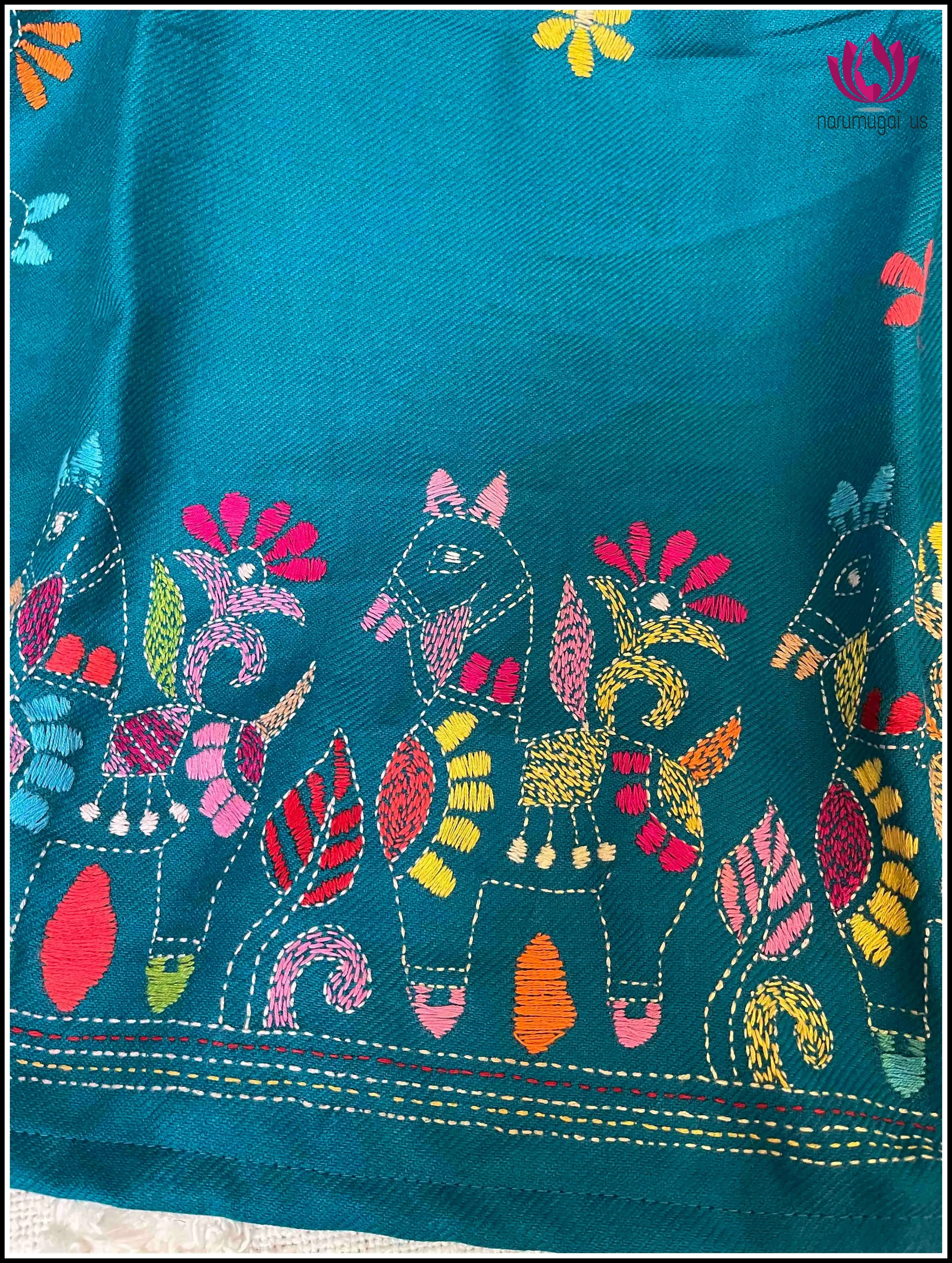 Woolen Shawl in Peacock blue with Kantha work