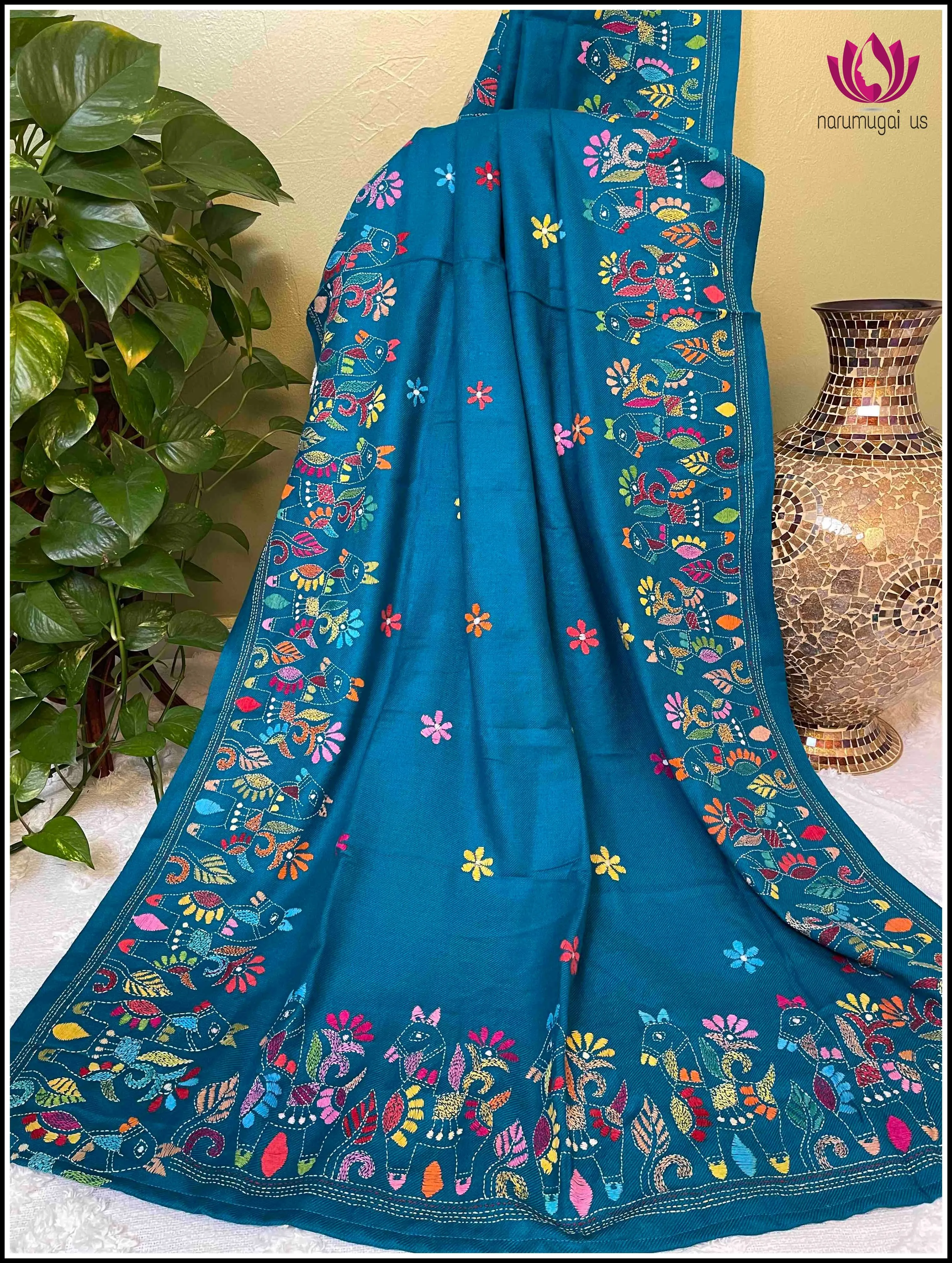 Woolen Shawl in Peacock blue with Kantha work