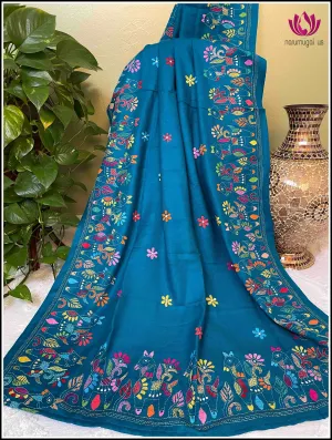 Woolen Shawl in Peacock blue with Kantha work