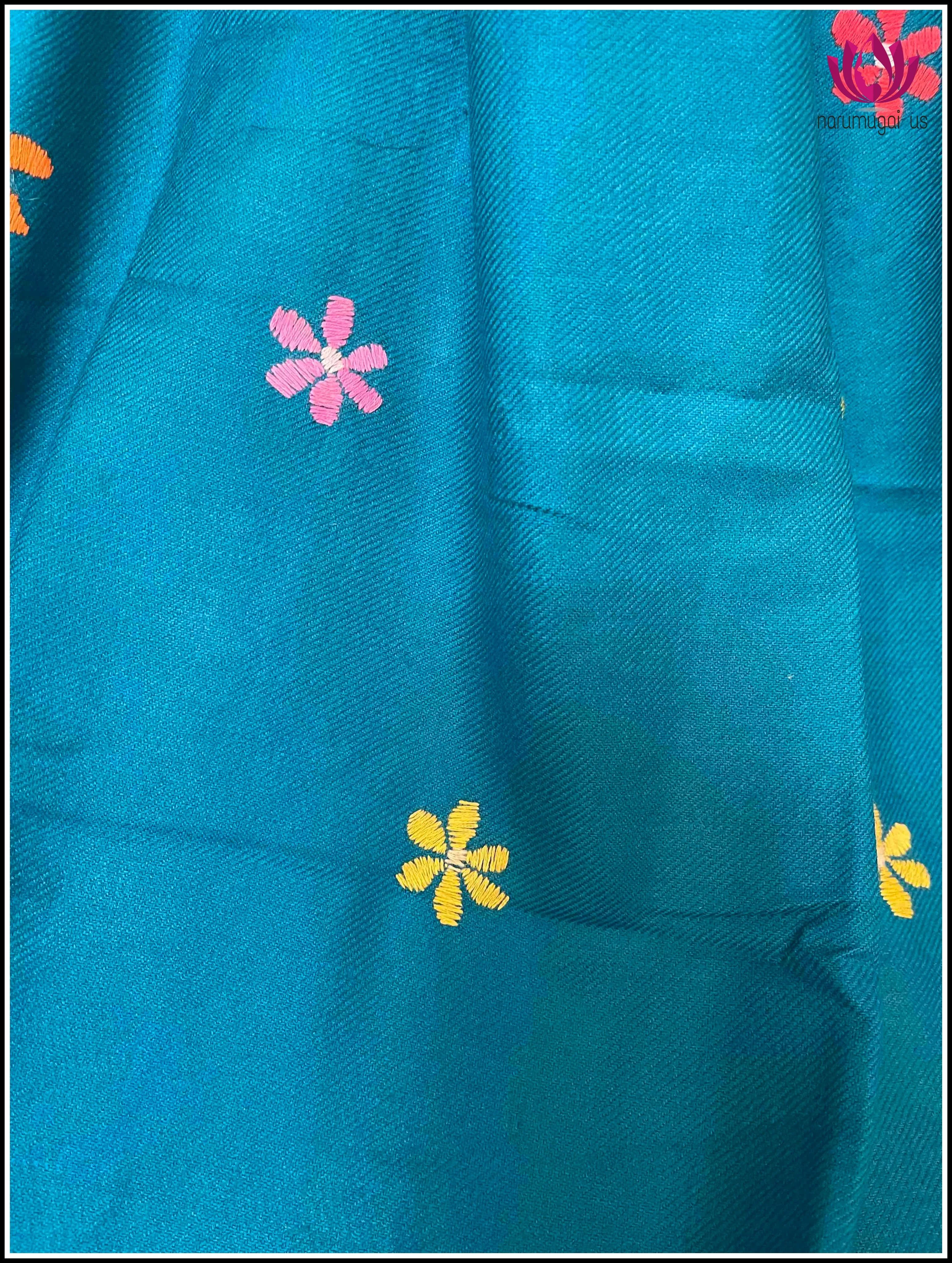 Woolen Shawl in Peacock blue with Kantha work
