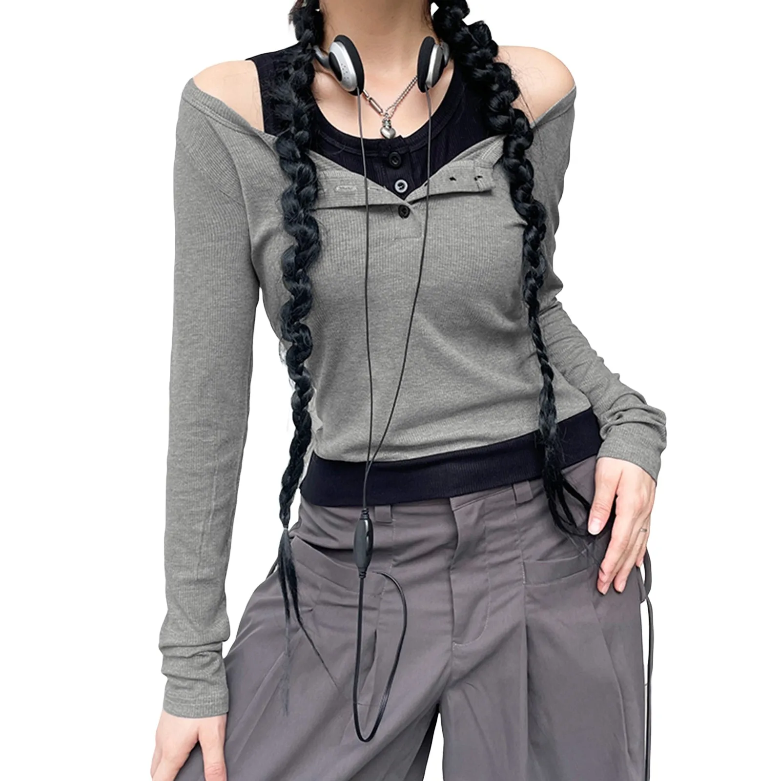 Y2K Cyber Fairy Grunge Aesthetic Acubi Double Layer Button Up Top