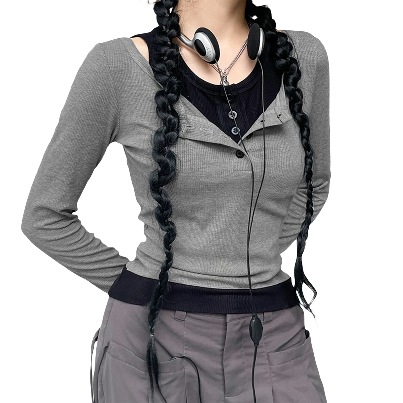 Y2K Cyber Fairy Grunge Aesthetic Acubi Double Layer Button Up Top