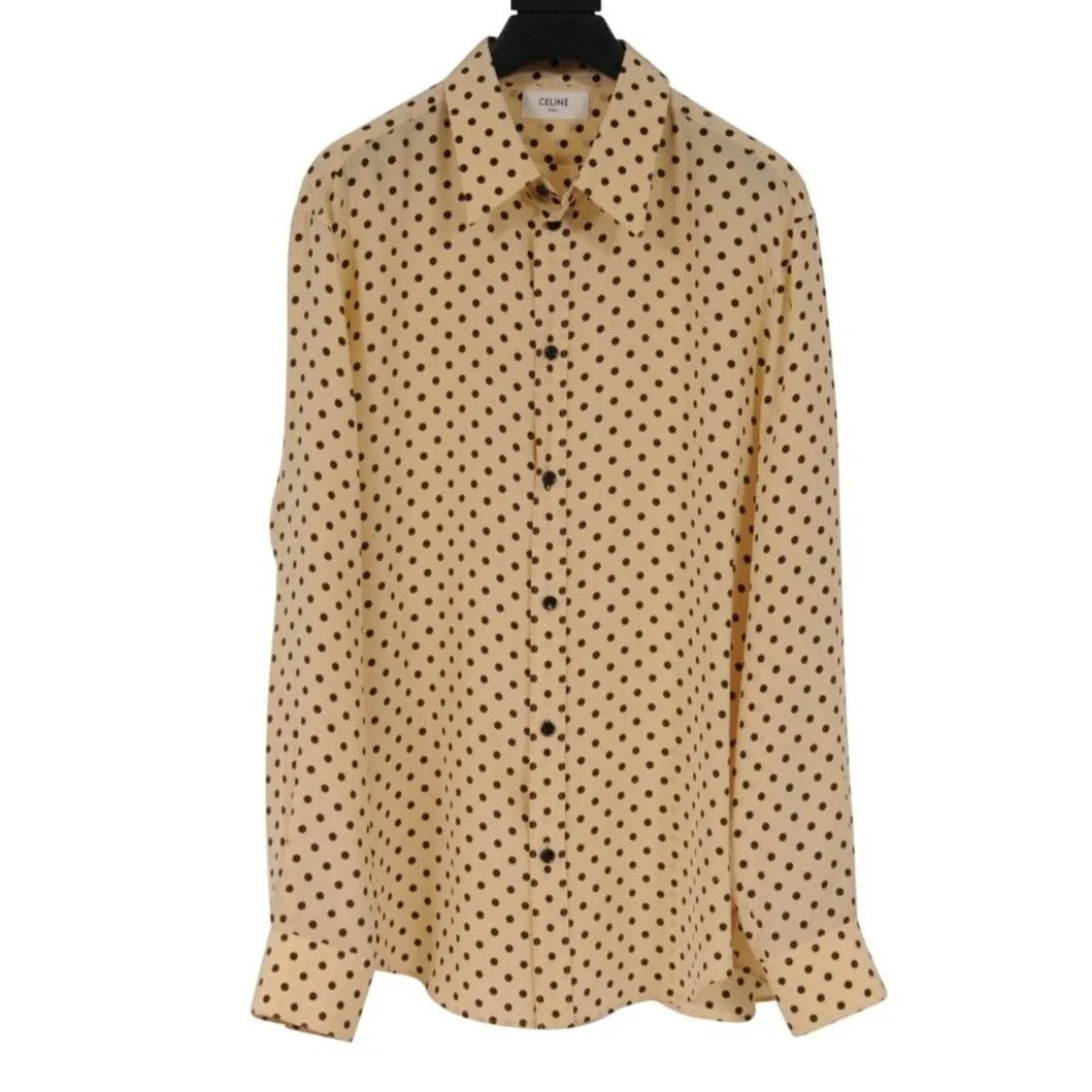 Yellow Brown Polka Dot Button Down Silk Shirt