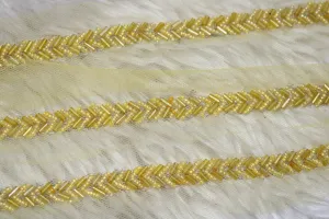Yellow Embellished Hand Beads Work Embroidered Lace